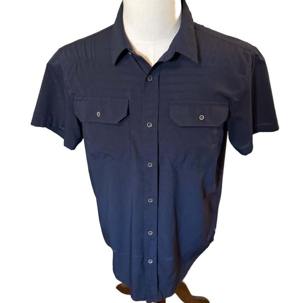 PrAna Men's Navy Blue Short Sleeve Cayman Button Down Casual Shirt Medium